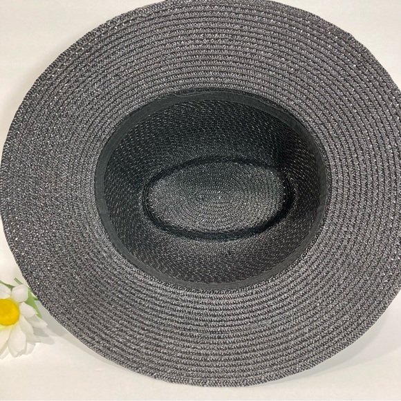 Black Straw Fedora Grosgrain Band Wide Brim Hat NWOT - Picture 6 of 6